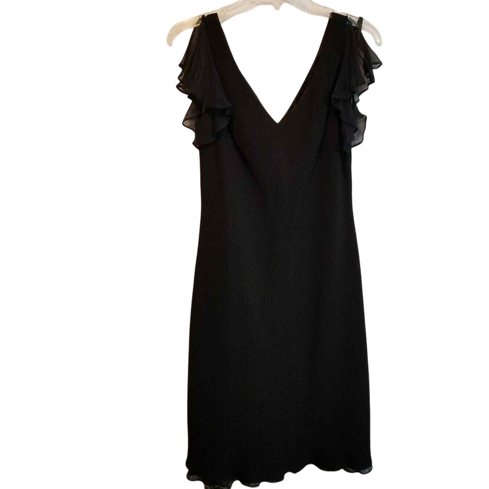 Jones New York Vintage Dress Black V-Neck Cocktail Dress Silk Ruffle Trim Size 8